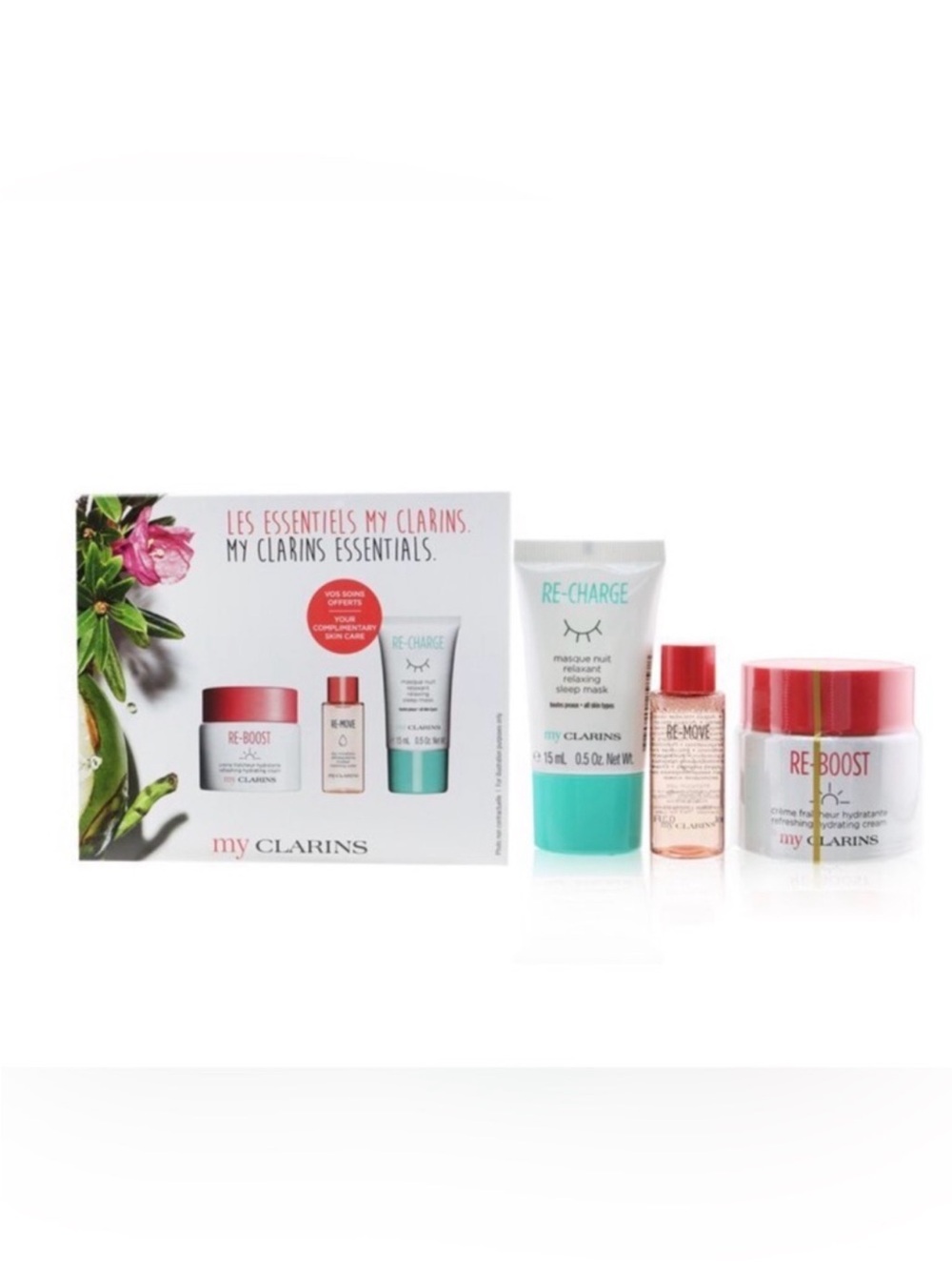 NIB My Clarins Essentials 3-Piece
Skincare Set - Full Size Re-Boost